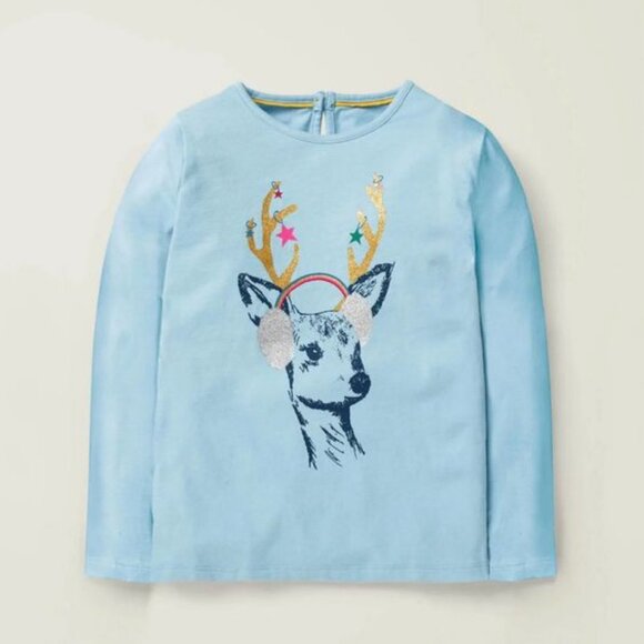 Mini Boden festive sparkle deer tee - blue sz 5-6 - Picture 1 of 4